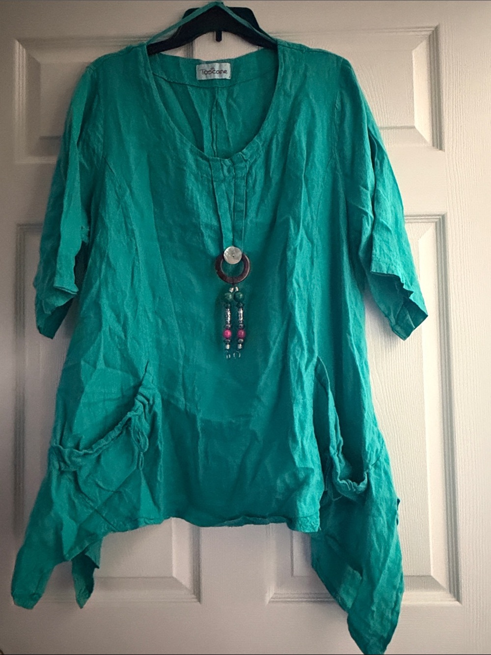 Teal V-Neck Tunic Top with Decorative Pendant 100% Linen